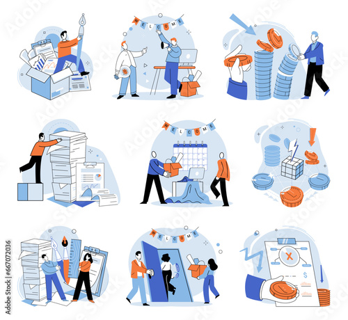 Paperwork. Vector illustration. The career journey involves significant involvement in paperwork and corporate tasks The paperwork overload feels burdensome and never-ending The pile documents waiting
