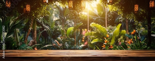 Naturally beautiful. Empty wooden table in sunlit garden. Rustic charm. Wood desk with bright outdoor background. Green serenity in park