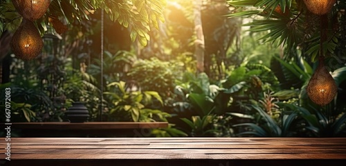 Naturally beautiful. Empty wooden table in sunlit garden. Rustic charm. Wood desk with bright outdoor background. Green serenity in park