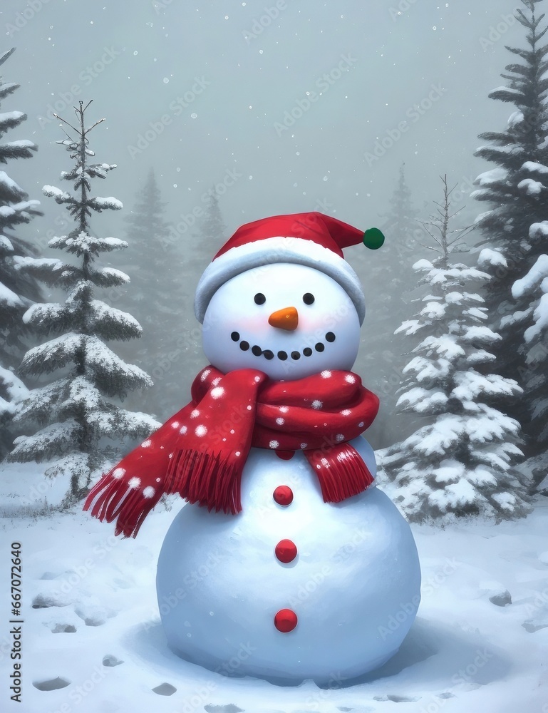 Fototapeta premium snowman with red hat