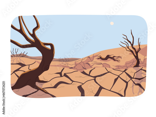 Natural disaster. Extreme drought, hazardous climate, hot weather. Unmanned desert, cracked earth, dry plants. Wasteland landscape. Global warming, desertification, heat. Flat vector illustration