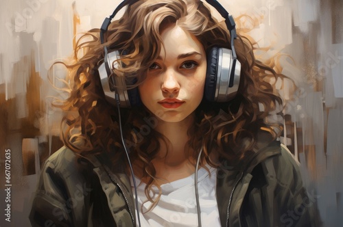 Passionate Girl listen music. Happy person smile. Generate Ai