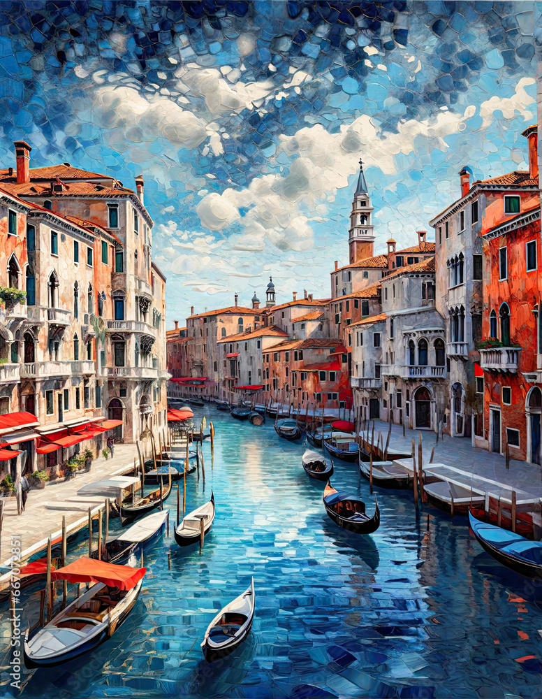 Venice painting - art illustration with cubist style palette knife - obrazy, fototapety, plakaty 