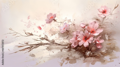 Blossom art. A parchment with a delicate real flowers, art tools, and splashes of paint. Glamorous floral design art. 