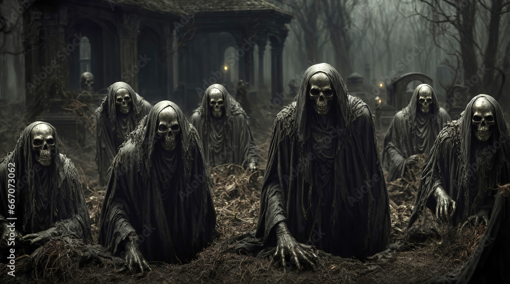 Naklejka premium Resurrection of dark skeleton creatures in a cemetery at night