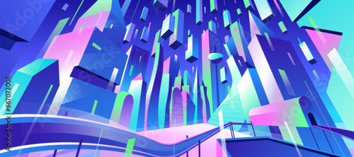 Metaverse future cityscape with skyscrapers, perspective view. Night city street with neon glow buildings and road. Megalopolis in darkness. Urban architecture vector panoramic flat illustration.