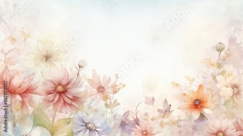 Photograph of a parchment with delicate watercolor floral texture, fresh flowers in art and reality.  photo