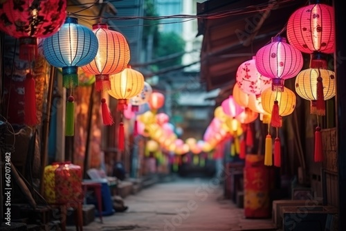 Hanging chinese lanterns over the street © Marharyta