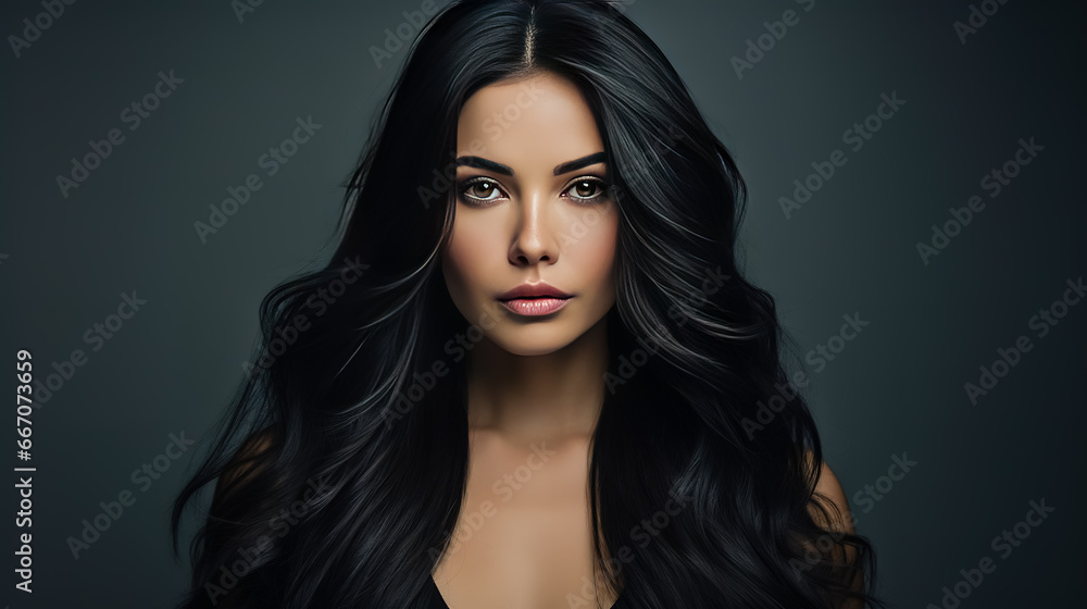 A young black haired woman poses for the camera against a black background. A young black haired woman poses for the camera against a black background.