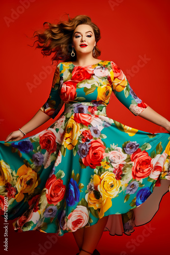 Woman in colorful dress posing for picture on colored background.