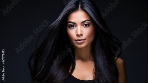 A young black haired woman poses for the camera against a black background.