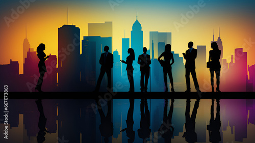 Silhouettes of business people standing against the city   generative AI © No34