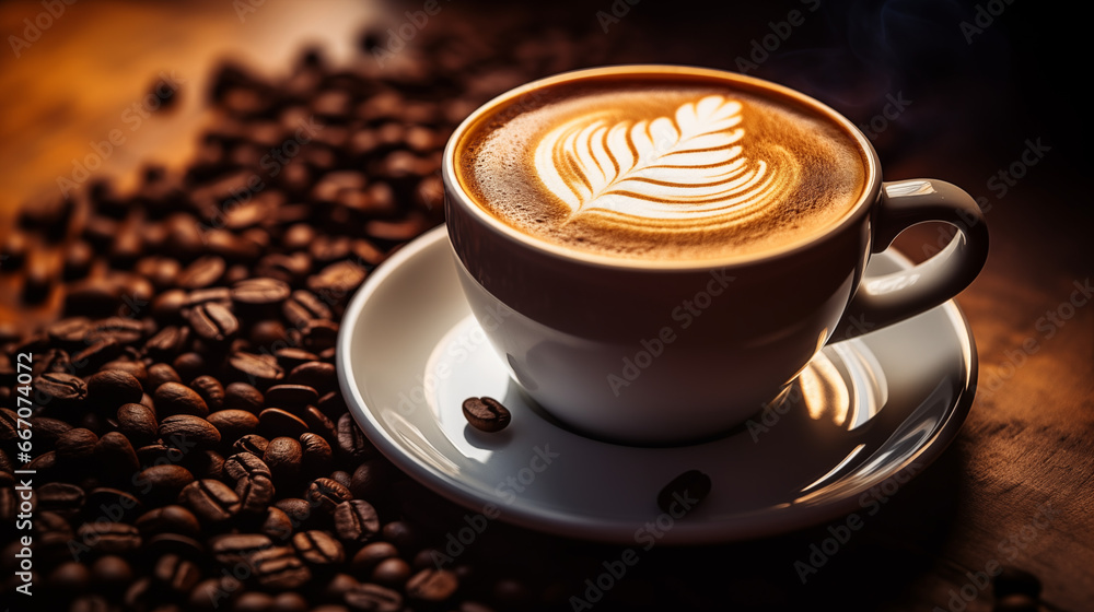 A close-up shot of a cup of hot coffee with beans on a table with warn lighting A close-up shot of a cup of hot coffee with beans on a table with warn lighting