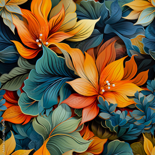 Drawing of colorful leaves and flowers. Pattern.