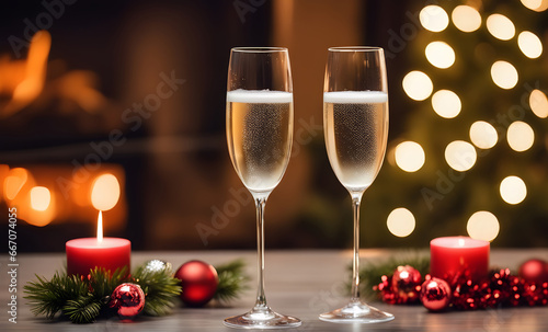 Two champagne glasses in festive Christmas ambiance