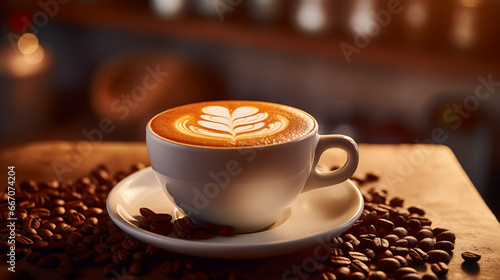 A close-up shot of a cup of hot coffee with beans on a table with warn lighting