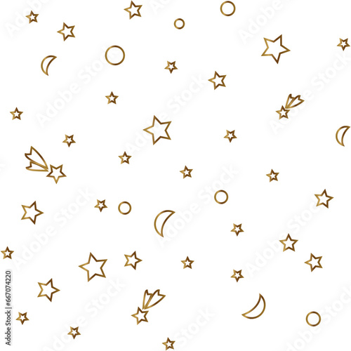 star moon sky comet planet seamless pattern gold on white