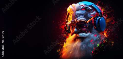 Portrait of modern Santa Claus with sunglasses and headphone. © PhotoGranary