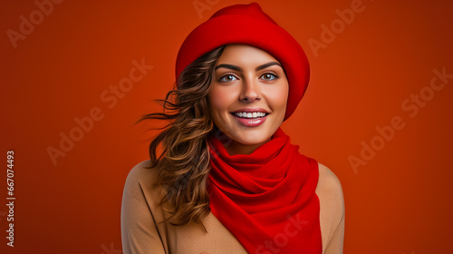 Young woman in red hat and scarf laughing on red background. © leo_nik
