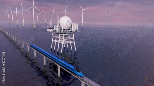 Future. A high-speed maglev train raced along wind farms and hydrogen factories. 3d rendering.