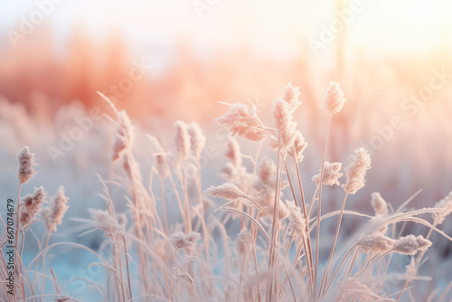 Winter atmospheric landscape with frost-covered dry plants during snowfall. © chandlervid85
