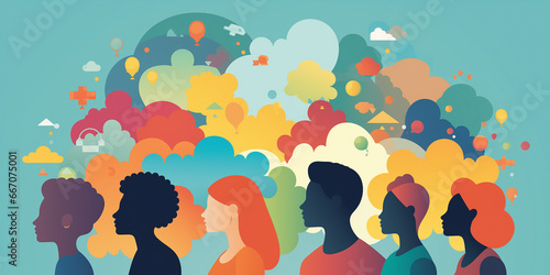 Silhouette group of six creative people outside the norm gathered under colorful cumulus clouds. Meeting of emotional, mental and behavioral divergence living in society with a collective dream.