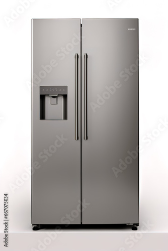 Gray modern refrigerator on white background.