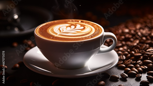 A close-up shot of a cup of hot coffee with beans on a table with warn lighting