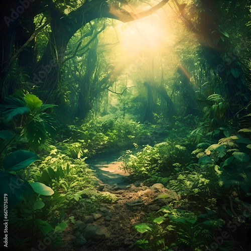 Tropical rainforest with sunlight and fog. Natural background.