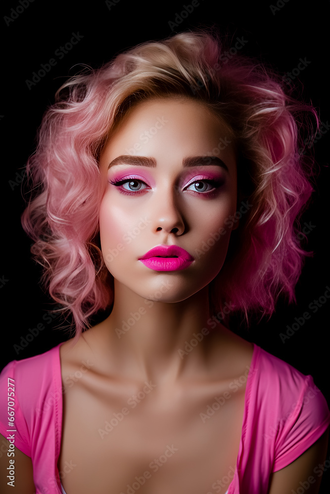 Young woman with pink hair and bright pink makeup.