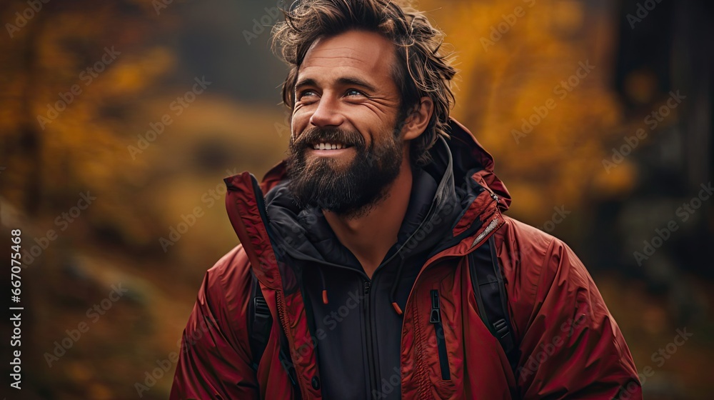 Portrait of young handsome man smiling outdoor. Man portrait illustration. Generative AI Portrait of young handsome man smiling outdoor. Man portrait illustration. Generative AI
