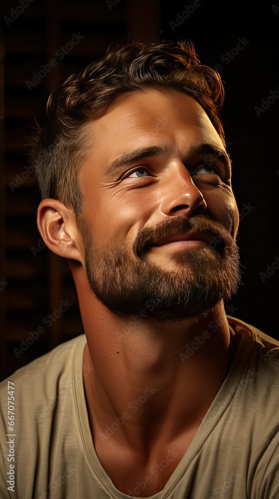 Profile side of young handsome bristle man confident look empty space over background. Man face portrait illustration. Generative AI Profile side of young handsome bristle man confident look empty space over background. Man face portrait illustration. Generative AI