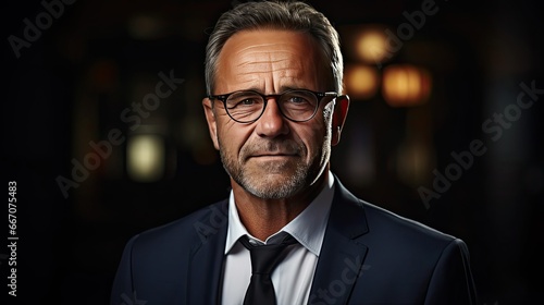 Portrait of a mature businessman wearing glasses on background. Happy senior latin man looking at camera over grey wall with copy space. Man face portrait illustration. Generative AI © tanyastock