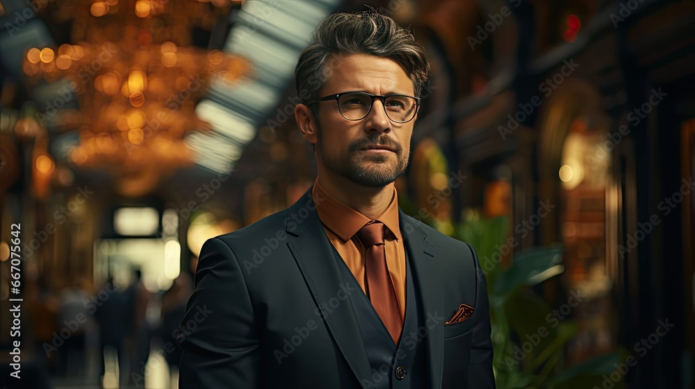Handsome businessman wearing glasses standing with arms crossed to chest and posing happy on background. Man portrait illustration. Generative AI