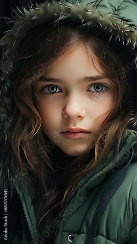 Crop close up portrait of serious sad little Caucasian girl look at camera, unhappy small child kid orphan feel lonely abandoned. People portrait illustration. Generative AI