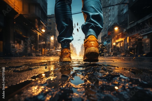 A close-up of the sneakers in wet weather.