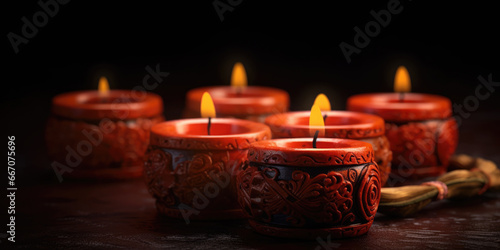 Candles. Diwali Lights. Deepavali festival background. Traditional clay oil diya lit during Diwali © maxa0109