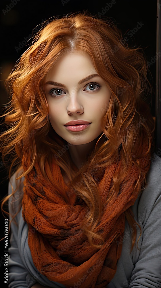 Portrait of beautiful redhead girl smiling looking at camera. Model portrait illustration. Generative AI Portrait of beautiful redhead girl smiling looking at camera. Model portrait illustration. Generative AI