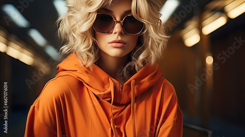 Young confident blonde girl wearing trendy orange hoodie, color sunglasses, posing on background. Studio fashion portrait. Model illustration. Generative AI
