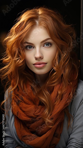 Portrait of beautiful redhead girl smiling looking at camera. Model portrait illustration. Generative AI