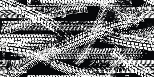 Tire track seamless pattern. Grange tread marks .Grunge textured vector car tread . Car trails endless pattern texture. Tyre track seamless texture. Wheel tire tread track background