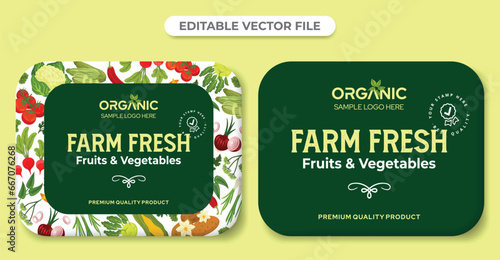 fruits and vegetables labels sticker design, farm fresh fruits label design, vegetable packaging design, box of fruit and vegetable with pattern natural organic green editable vector file download