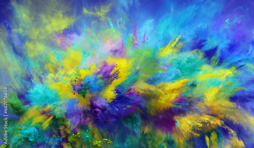 Amazing large explosion of cloudy yellow, blue, purple and green powder