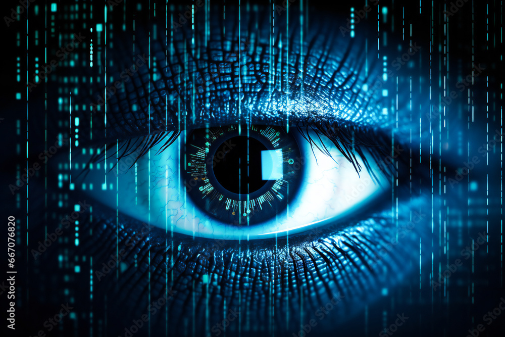 Human or android eye with digital binary elements Human or android eye with digital binary elements