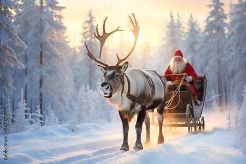 Santa Claus traveling in his sleigh pulled by reindeers
