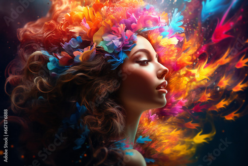 Colorful image of a young woman head wearing abstract colored shapes in her hair