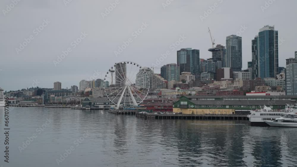 Seattle Washington Cityscape Skyline Skyscrapers Ferris Wheel and Pier View from The Sea Port Seattle Washington Cityscape Skyline Skyscrapers Ferris Wheel and Pier View from The Sea Port