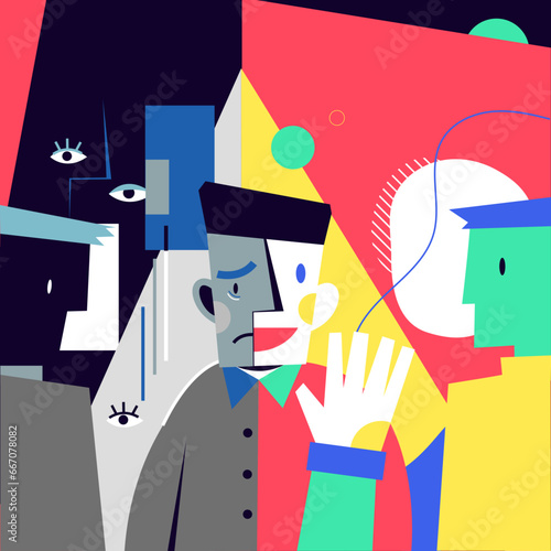 Metaphor bipolar disorder mind mental. Double face sad depress and happy emotion anti social Psychology false behaviour deceiver confusion vector illustrator