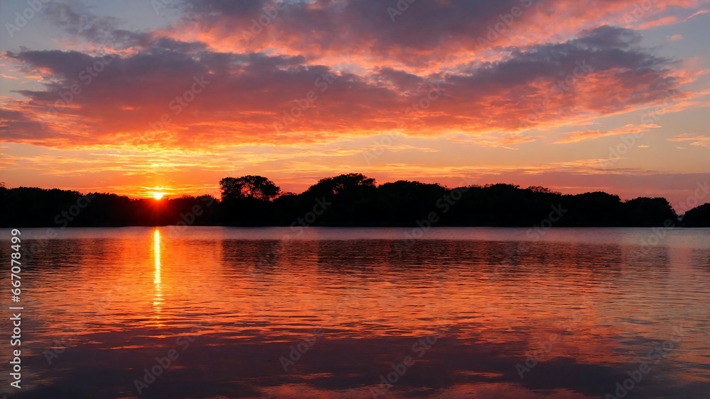 Obraz premium Stunning sunset on the lake, purple sky.