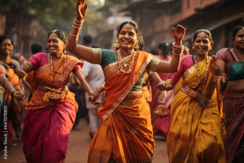 Naklejka premium Indian women dancing on the streets in traditional clothes